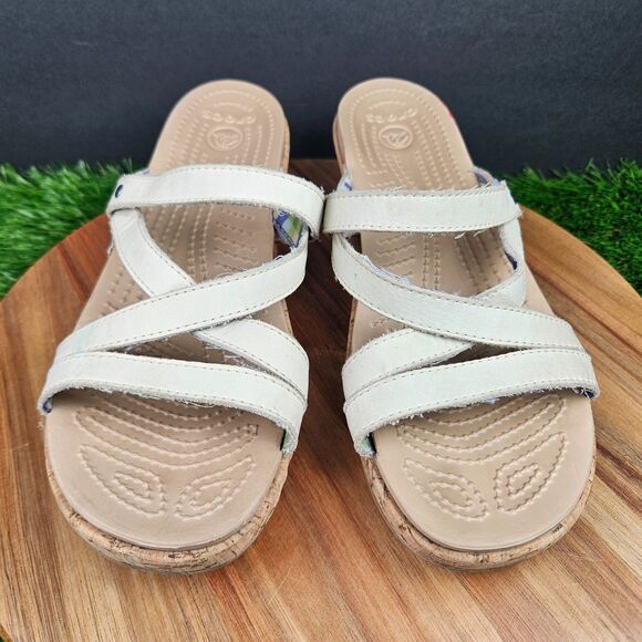 Crocs A Leigh Sandals Womens 10 Strappy Beige Slip On Casual Wedge Heels 11847 - Picture 8 of 13